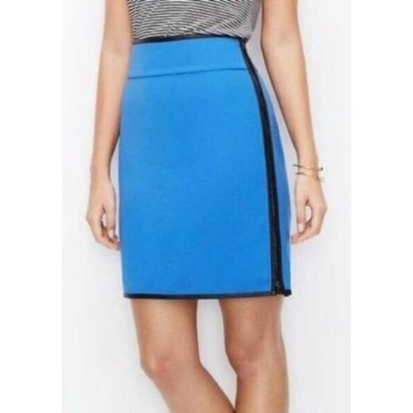 Ann Taylor Pencil Skirt 00 Blue Faux Leather Trim Side Zip Women's - Picture 1 of 13